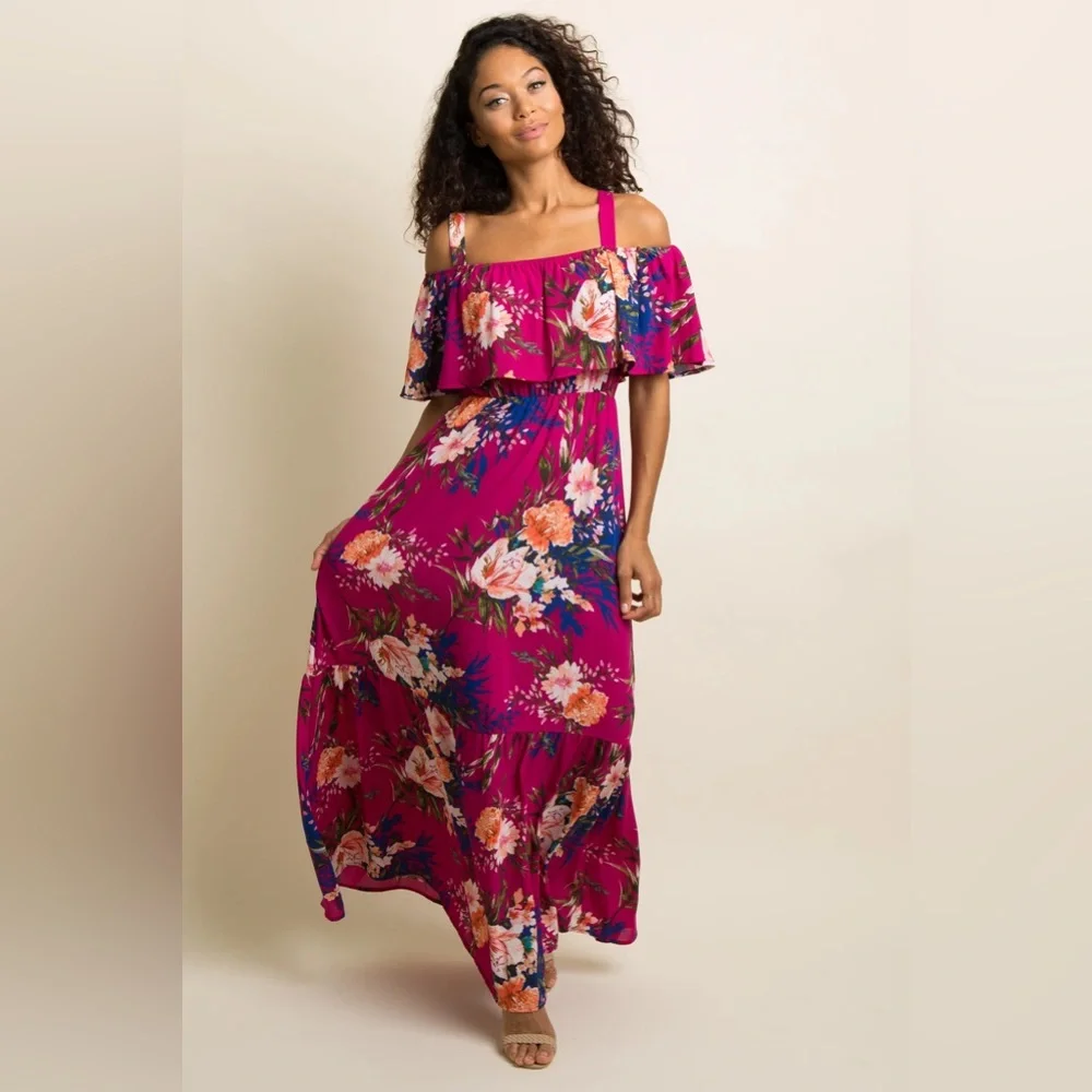 Magenta Floral Ruffle Open Shoulder Maxi Dress - PinkBlush - Size L - Picture 1 of 5